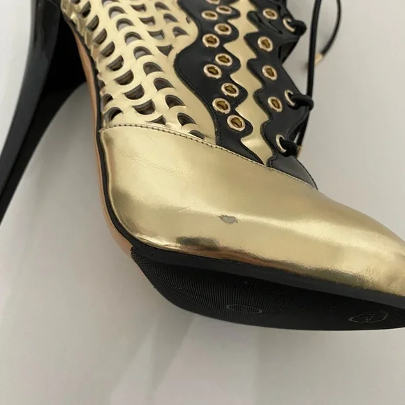 VERSACE | Gold Black Lace Up Gladiator Patent Leather Shoes Perforated Heels 36 - Picture 8 of 16